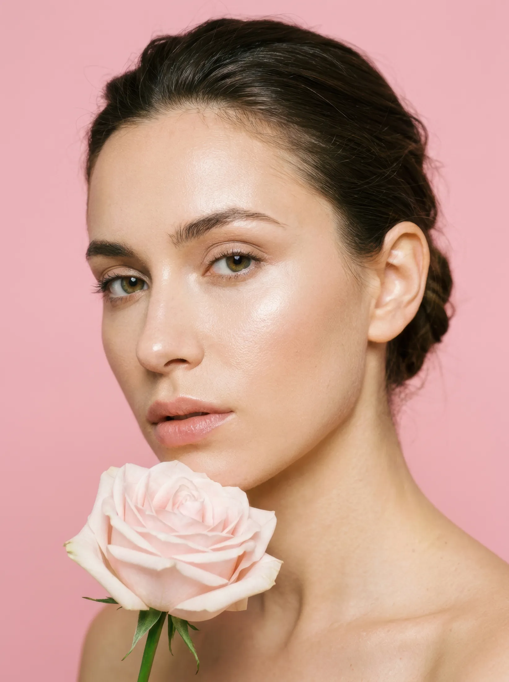 Femme au teint lumineux tenant une rose pâle sur fond rose